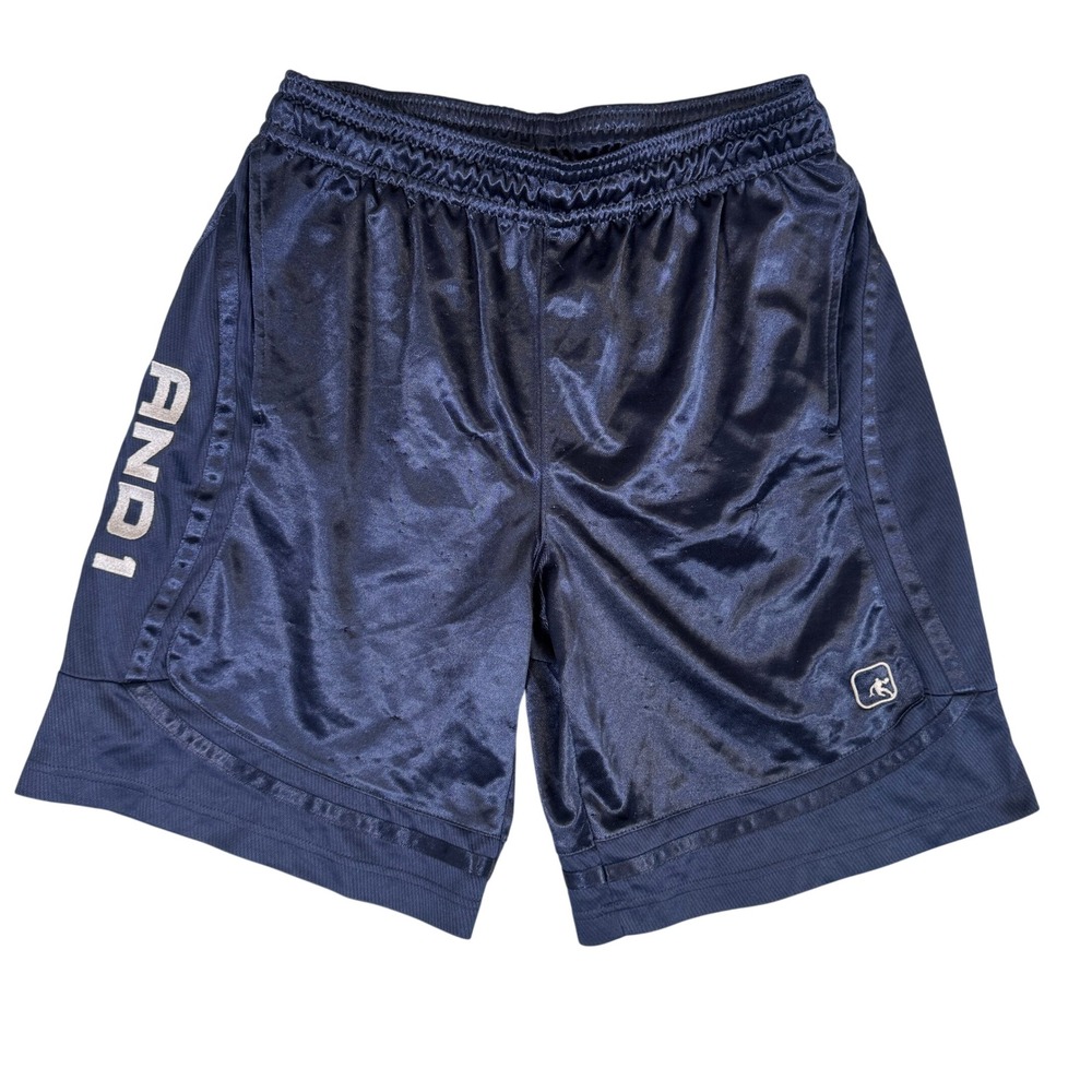 AND1 Mens Basketball Shorts Navy Blue Satin Mesh Athletic Gym Pockets Size M